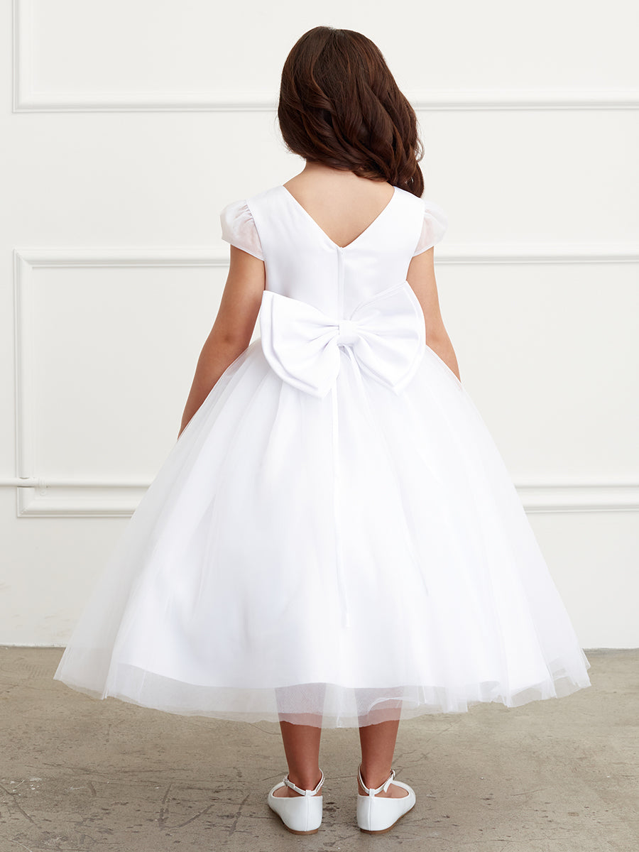 Girls Satin Bodice with a Cap Sleeve and Tulle Skirt with a Rhinestone Sash