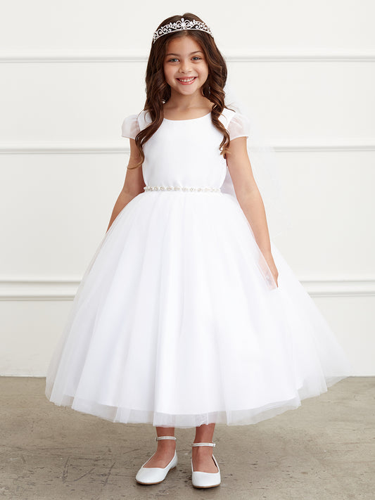 Girls Satin Bodice with a Cap Sleeve and Tulle Skirt with a Rhinestone Sash