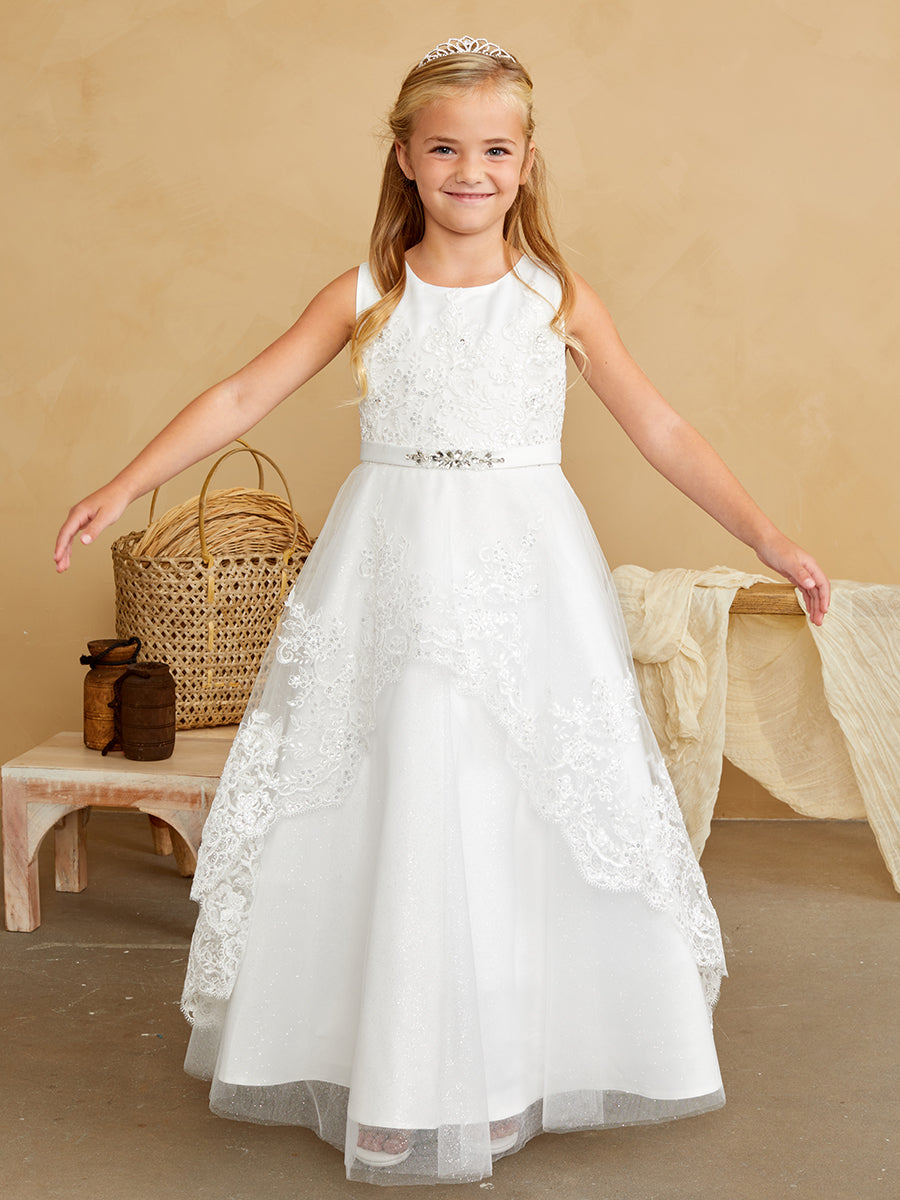 Girls Full length lace bodice dress with a lace peplum overlay skirt
