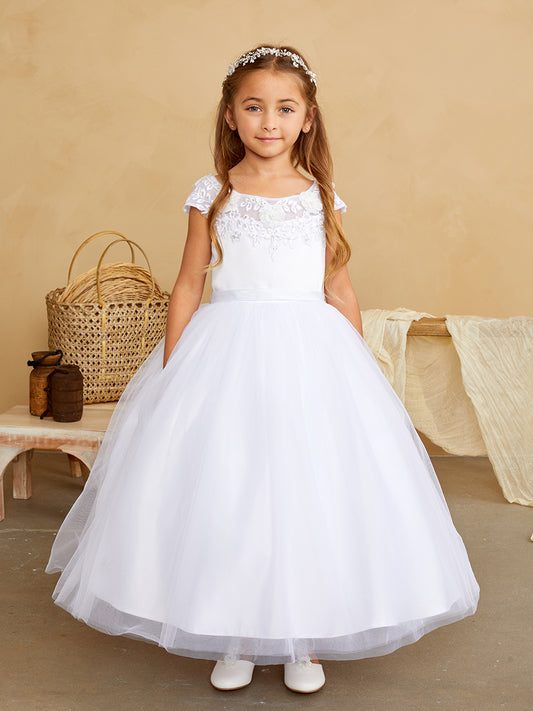 Girls Illusion boat neckline with lace applique and mesh skirt