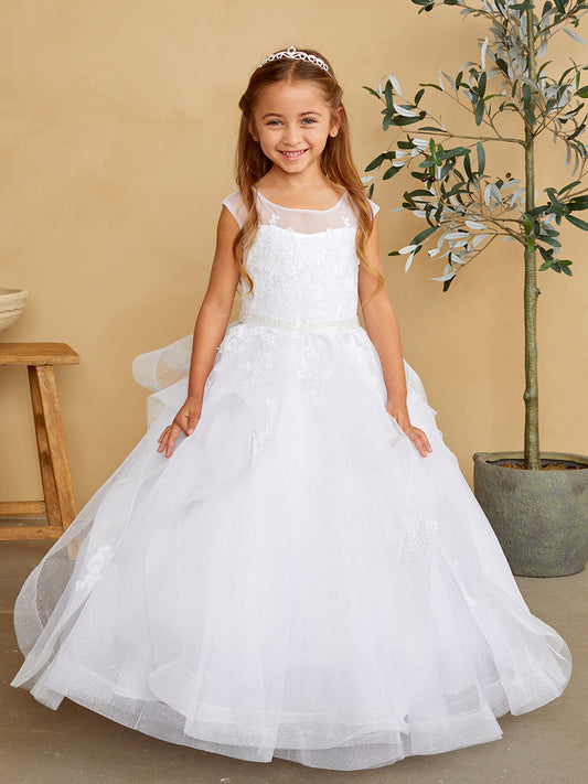 Girls Gorgeous Lace Bodice with a Sparkling Glitter Tulle Layered Horse Hair Trim Skirt with Scattered Lace