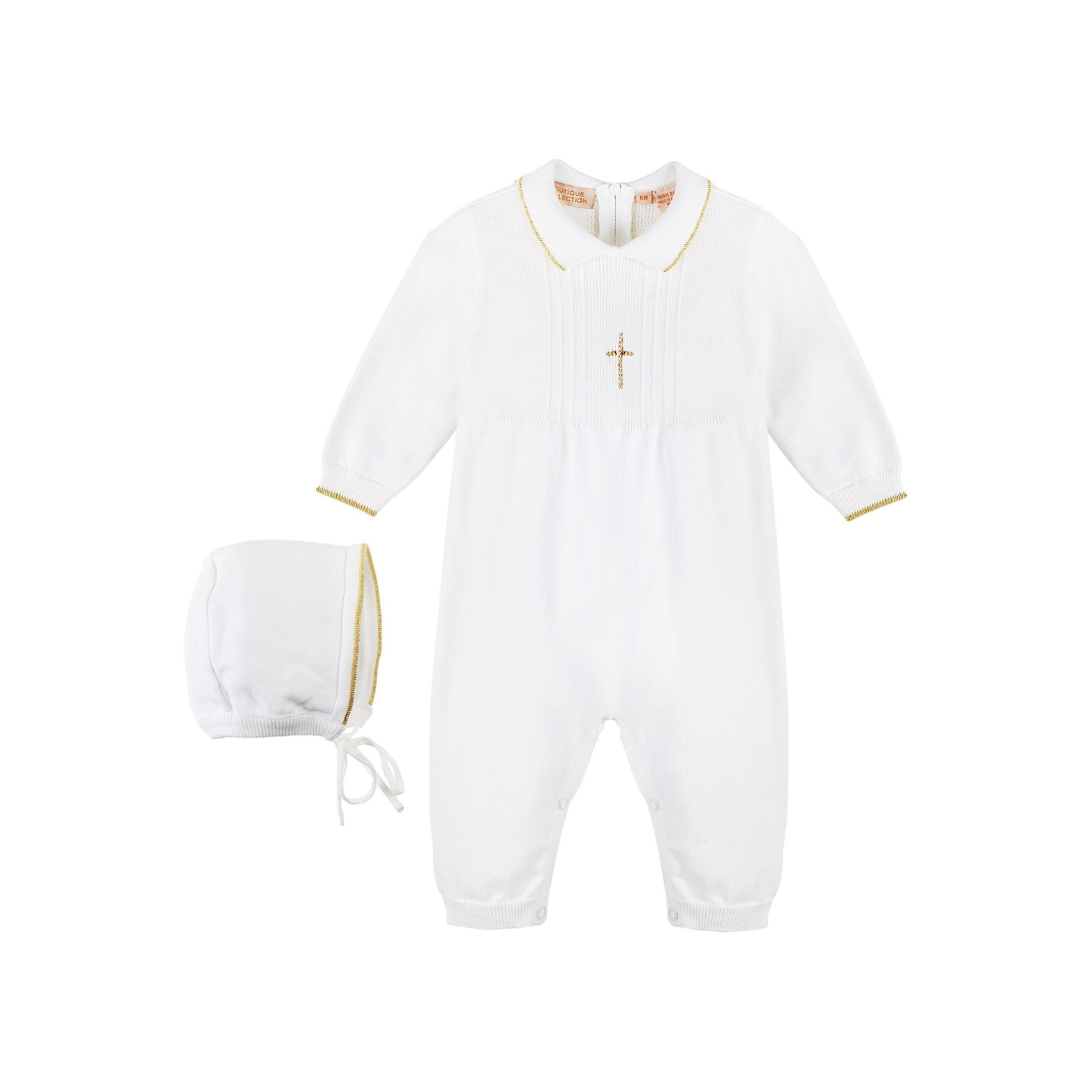 Baby Boy Gold Trim Knit Outfit w/Cross