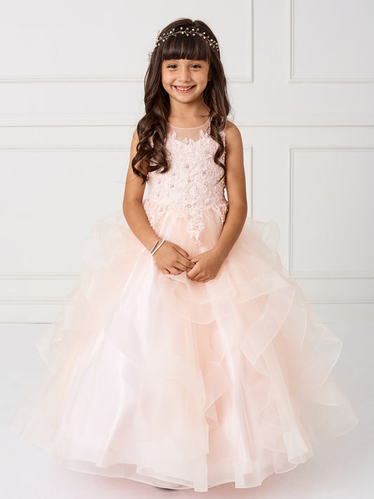 Girls Sleeveless Illusion Neckline Pageant Dress with Lace Applique Bodice and Layered Horse Hair Trim Skirt