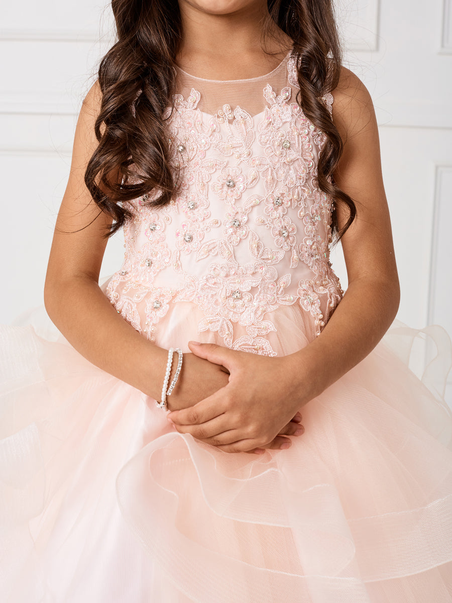 Girls Sleeveless Illusion Neckline Pageant Dress with Lace Applique Bodice and Layered Horse Hair Trim Skirt