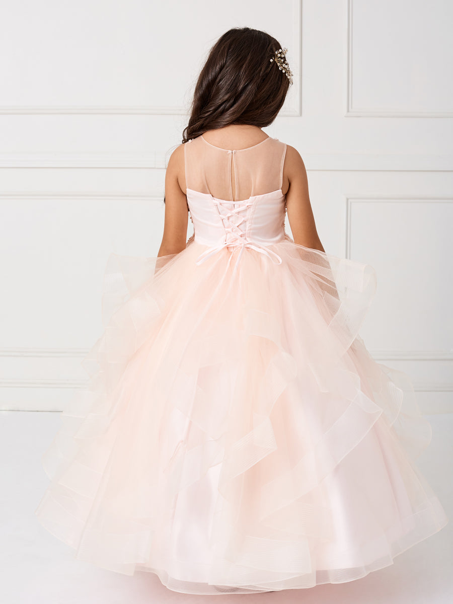 Girls Sleeveless Illusion Neckline Pageant Dress with Lace Applique Bodice and Layered Horse Hair Trim Skirt