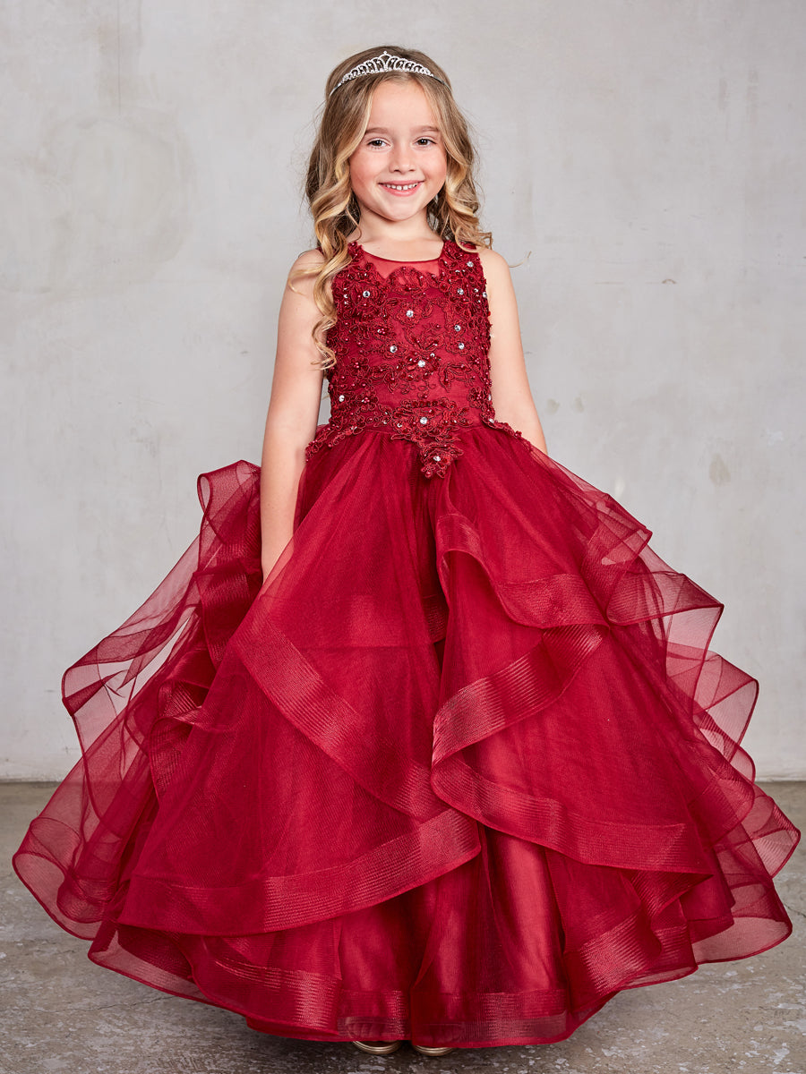 Girls Sleeveless Illusion Neckline Pageant Dress with Lace Applique Bodice and Layered Horse Hair Trim Skirt.