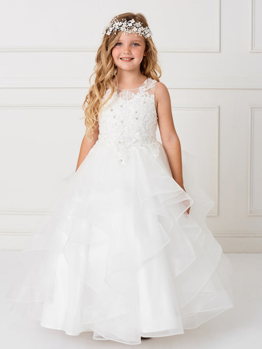 Girls Sleeveless Illusion Neckline Pageant Dress