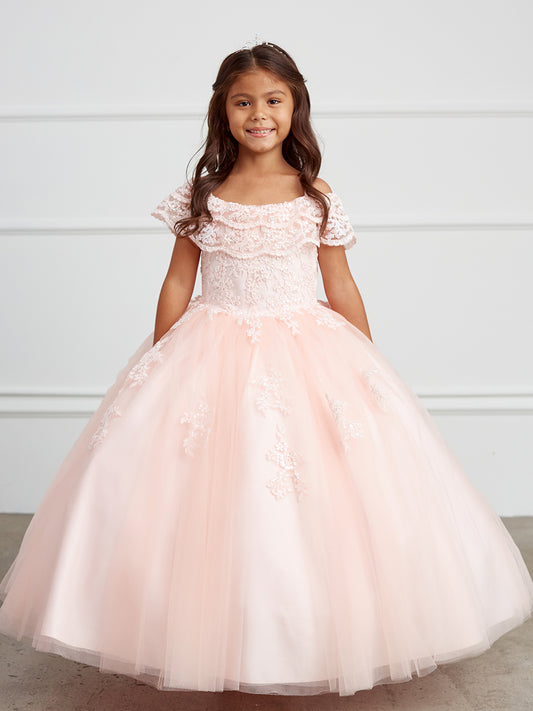 Girls Double layer lace overlay off shoulder dress with lace applique skirt