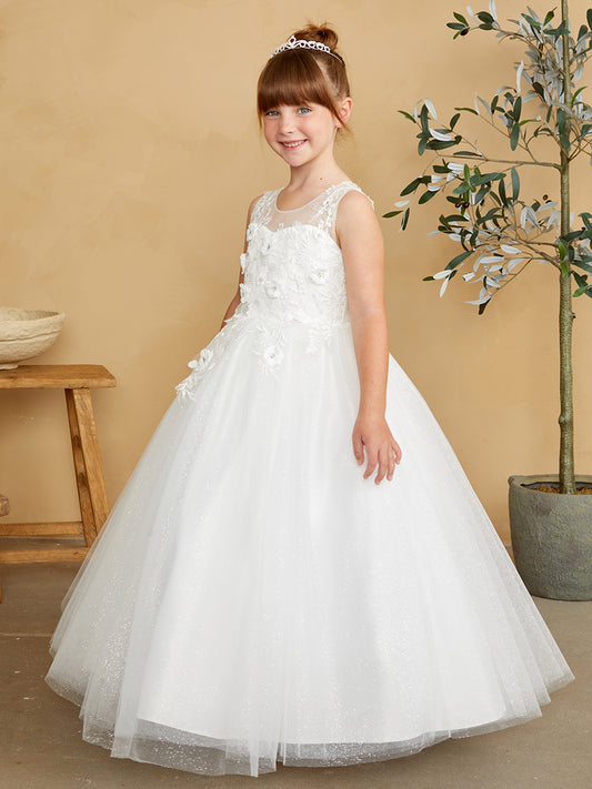 Beautiful Illusion Neckline Bodice with 3D Floral Applique and a Glitter Tulle Skirt