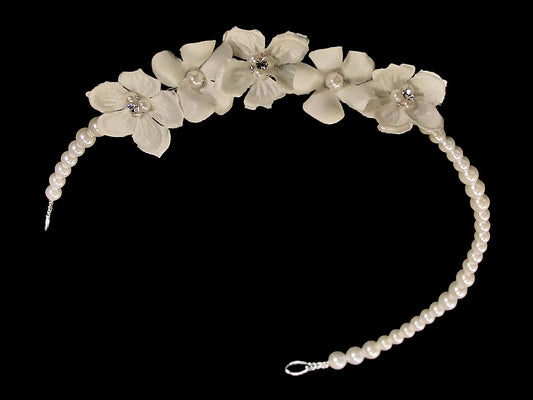 Pearl head piece with satin flower accents