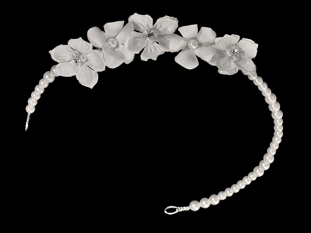 Pearl head piece with satin flower accents