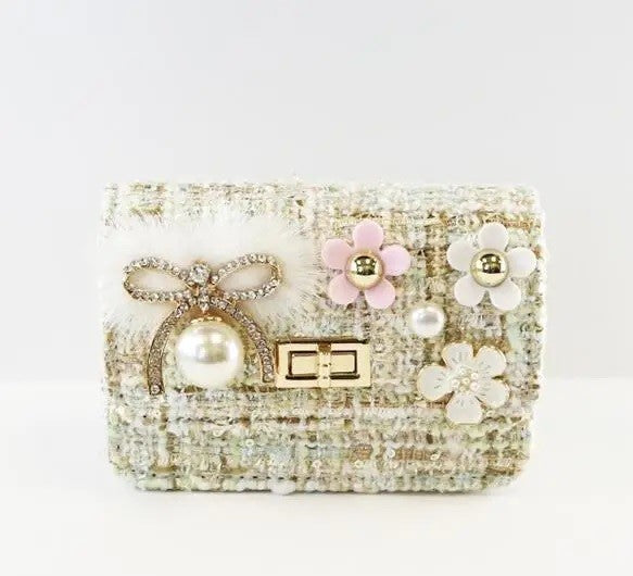 Beige Floral and Bow Tweed Purse