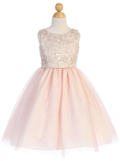 Blush with Gold Jacquard Bodice Dress with Tulle Skirt