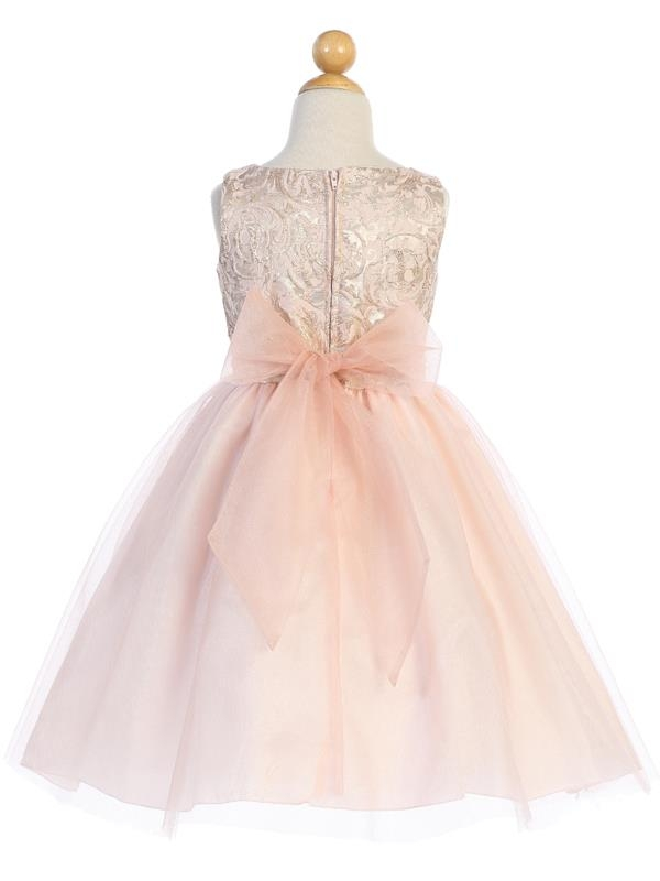 Blush with Gold Jacquard Bodice Dress with Tulle Skirt