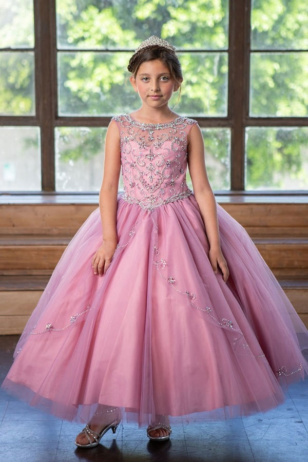 Girls Jeweled Illlusion Bodice Tulle Gown