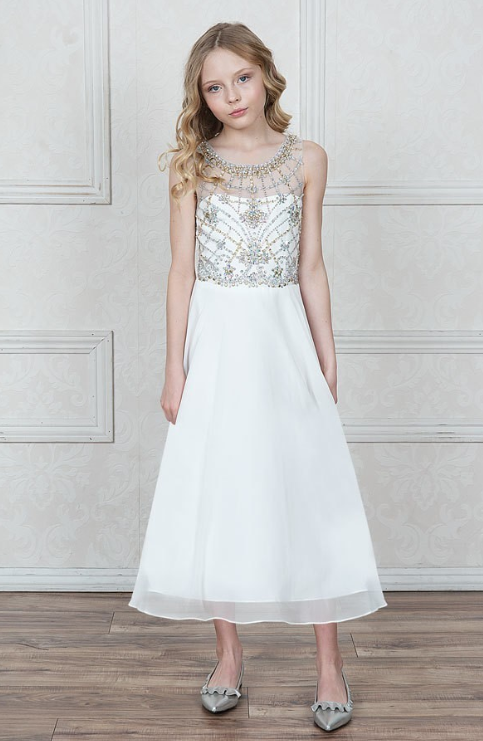 Girls Long Chiffon Dress with Jeweled Bodice