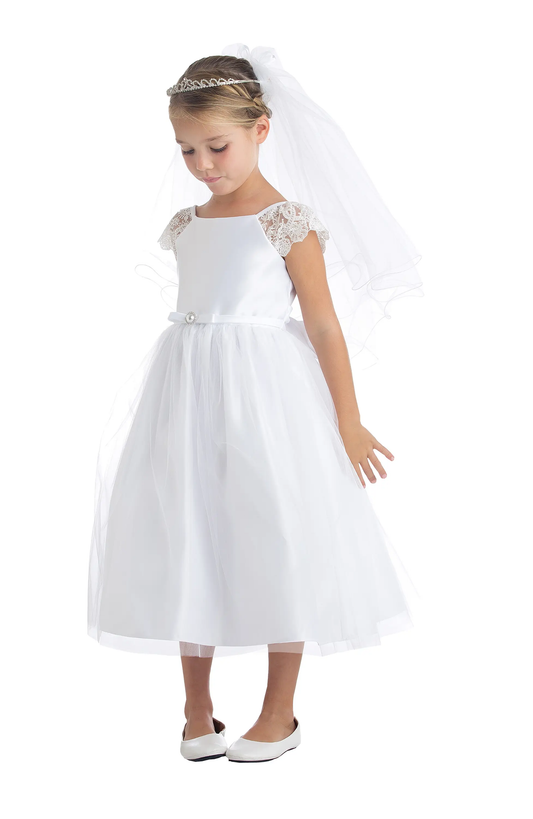 Girls Satin Dress with Lace Sleeves